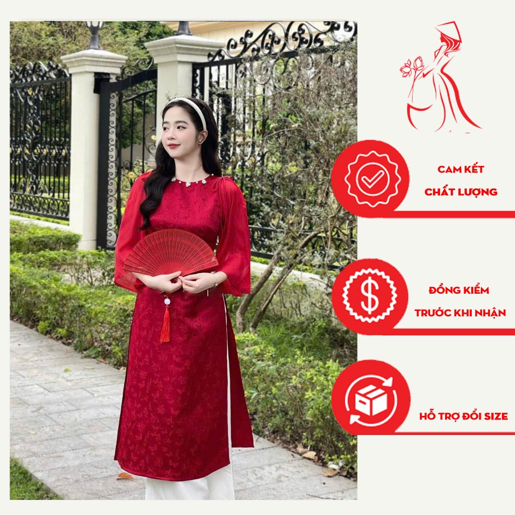 Renovated ao dai Set for Thanh Dao Tet with red ao dai design นําโชคแก่เลือกในวันหยุด Tet