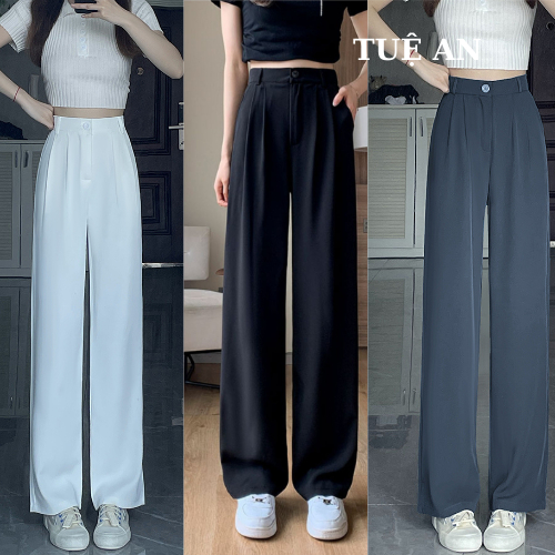 QC กางเกงขาตรงขากว้างจีบเอวสูง,กางเกงสํานักงานยาวทรงเข้ารูปคุณภาพสูงรหัสแฟชั่นสตรี [TA152]