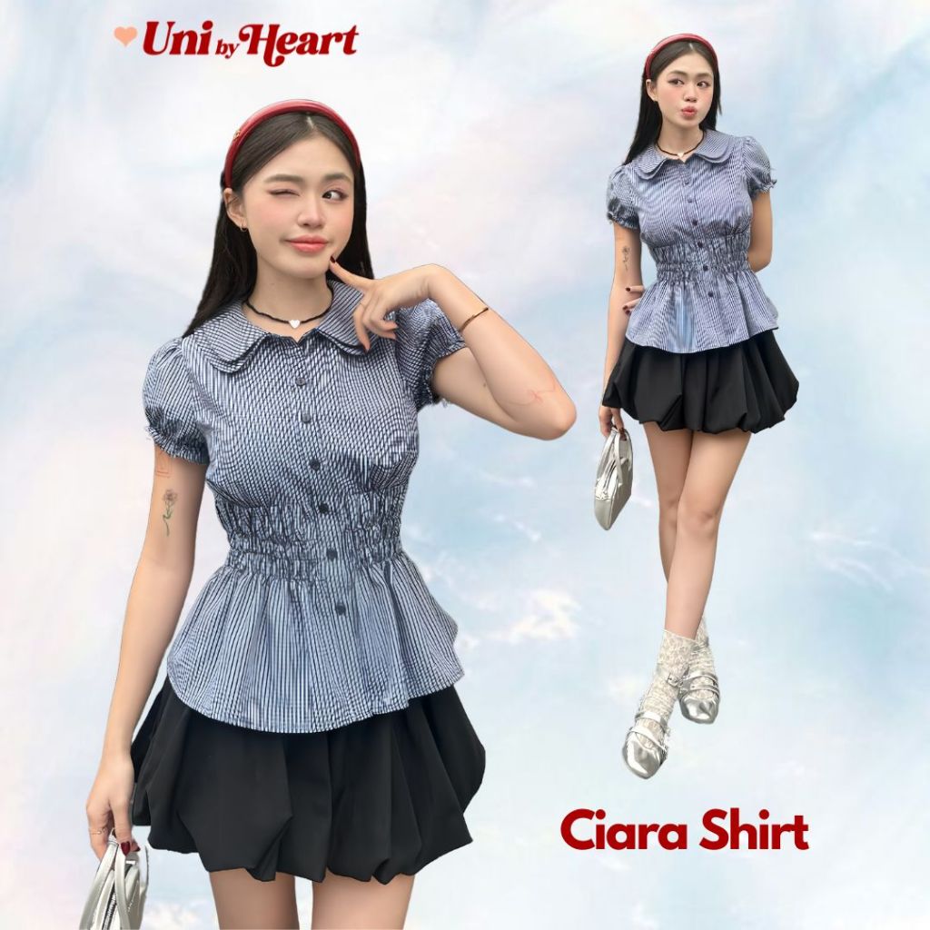 Ciara Shirt SMI033 เสื้อเชิ้ตแขนสั้นเอวยางยืด แขนพอง ทรงเข้ารูป - Uni By Heart