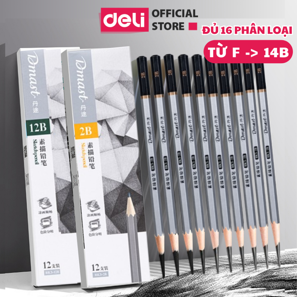 Deli Sketching Pencil Premium Edition Dmat 2H, HB, 2B, 4B, 6B, 8B,10B,12B Professional Drawing Soft 