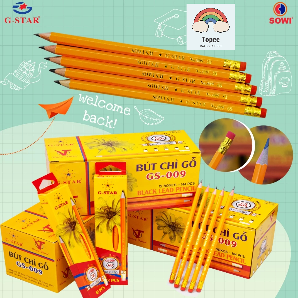 กล่องดินสอสีดํา 12 ชิ้น / ดินสอดํา 2B ตัวไม้เหลือง พร้อมยางลบ G-Star/GStar GS 009/GS-009 ของแท้