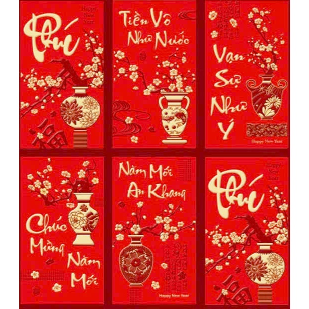 COMBO 6 ชิ้น RED ENVELOPES พร้อม TRADITIONAL 3D EMBOSSED LETTERS