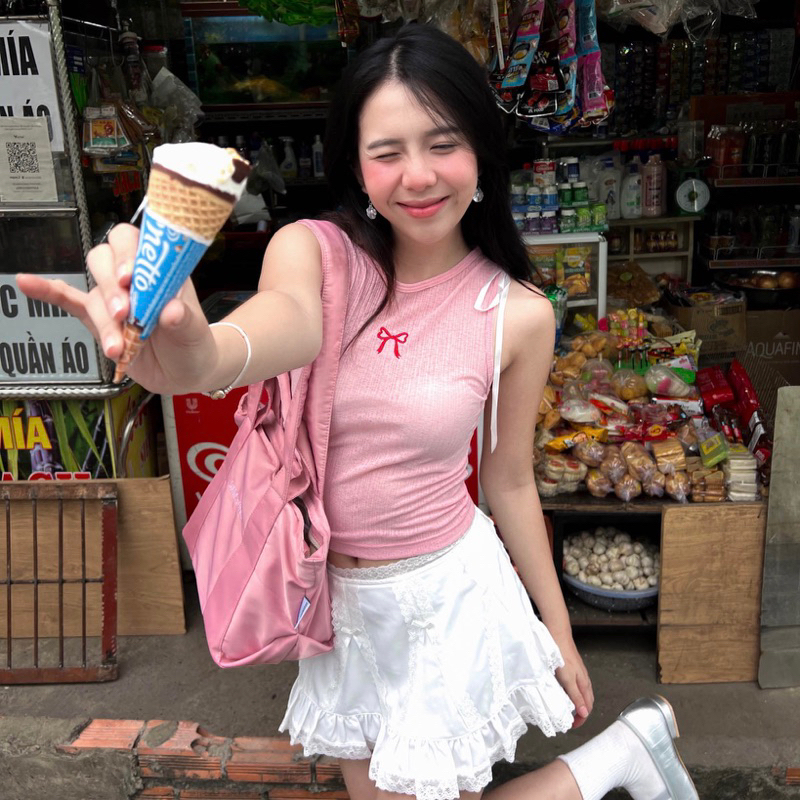 Moodie - Lily Tanktop | เสื้อกล้ามผู้หญิง ผ้าร่องซีทรูมีโบว์ริบบิ้น