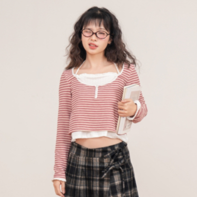 Dóra the label - Cheshire top เสื้อยืดแขนยาวลายทางสีชมพู