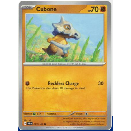 [การ์ดโปเกมอน TCG] Cubone - 072/142 - ทั่วไป