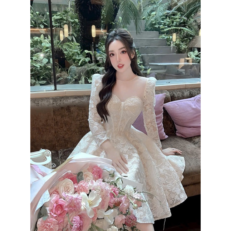 3-LAYER LONG-SLEEVE Mesh Lace Dress - SUPER BEAUTIFUL สําหรับ GOING OUT, PARTY, GOING TO THE CAFE