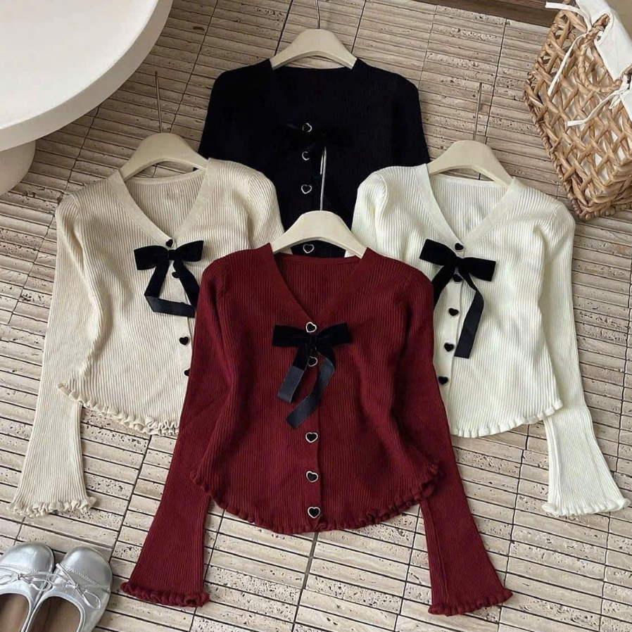 V คอยาวแขนยาว Bow Tie BigSize 45-85kg เสื้อยืดแขนยาวน่ารักออกแบบ MS329 QBN Y2K