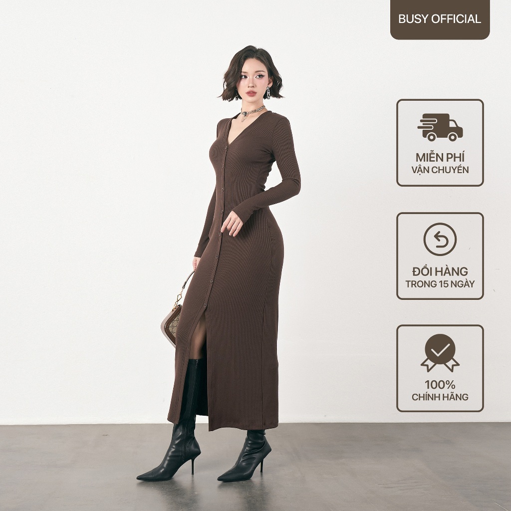 [BUSY] ผู้หญิง BUSHY แขนยาว V คอ Bodycon Dress ยืดเรยอน VDT20