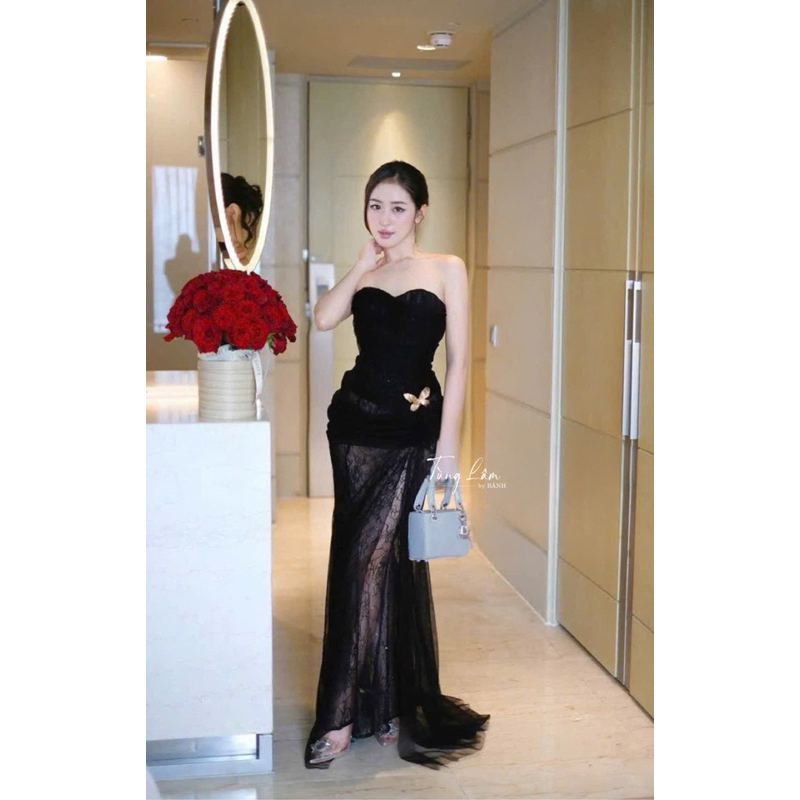 แม็กซี่เดรสปาร์ตี้ลูกไม้หรูมีโครงในตัว ก01