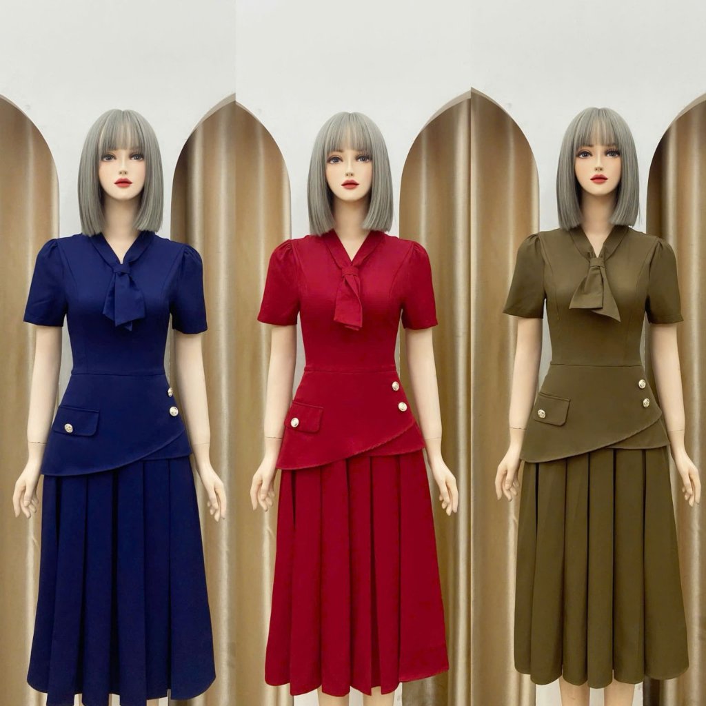 Maihouse เดรสออฟฟิศ peplum ทรงคอระบายสเตียลและทรงบานทําจากผ้าไหมเชื่อม เหมาะสําหรับออกไป - D3204