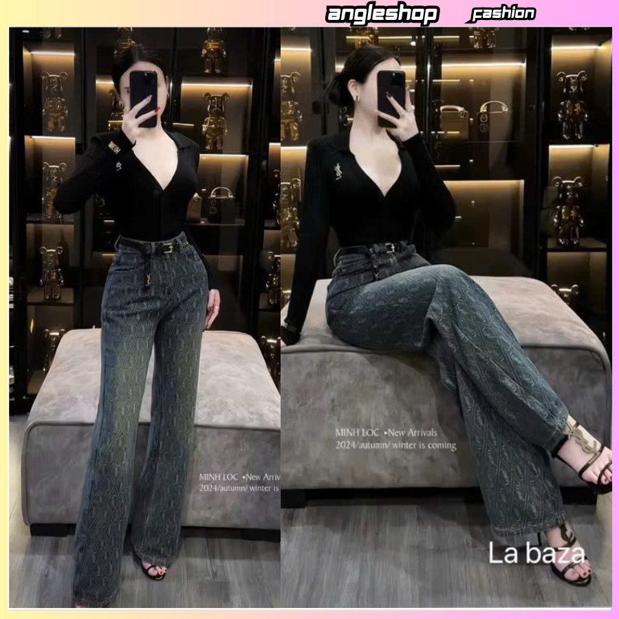 กางเกงยีนส์สําหรับผู้หญิงกางเกงยีนส์ขากระบอกเต็มลายหุ่นแฟชั่น14400