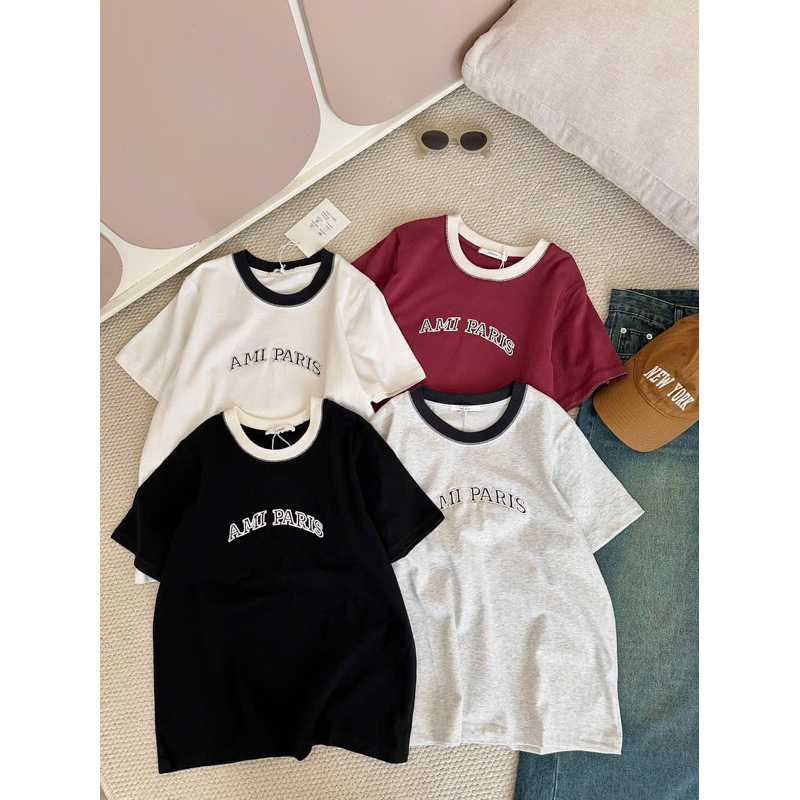 เสื้อยืดคอปกธรรมดา ปักคํา ami paris