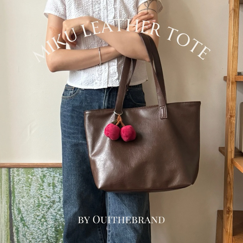 [ Free Cherry Charm ] Miku み Leather Basic Tote - MIKU Zipper Tote Bag ( Ouithebrand )