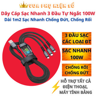 Cáp Sạc Nhanh , Dây Sạc Tự Ngắt Bọc Dù 100W Tích Hợp 3 Cổng Micro Usb Type C 3 In 1
