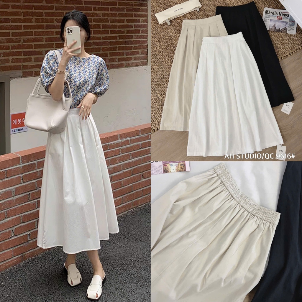 Seoul.studio - กระโปรงมิดิบานยาวออลจังของผู้หญิงวินเทจ 9616