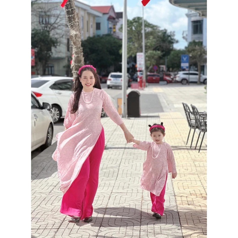 Mother & Baby willow damask ao dai Set (ฟรีแผงคอ + สร้อยคอมุก)