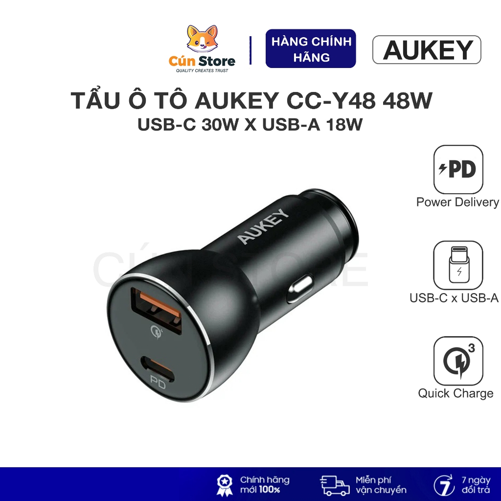 ที่ชาร์จในรถยนต์ Aukey CC-Y48 ความจุ 48W รองรับ PD, Samsung ชาร์จเร็วสุด PPS | 12เดือน
