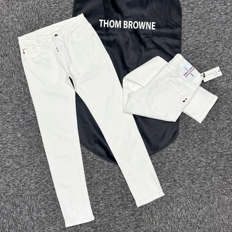Thome Browne กางเกงยีนส์สีขาวล้วนพื้นฐานสําหรับผู้ชายปักลายแถบ 3 สีคุณภาพสูง