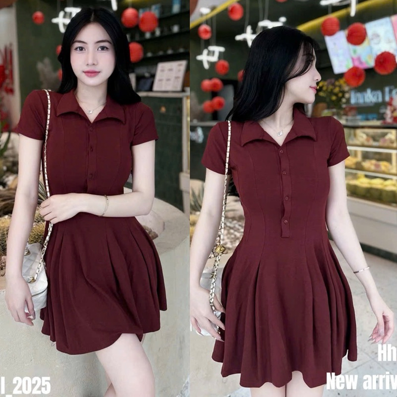เดรสโปโลคอปกเปิดลงจับจีบหาง เดรสบานสั้นคอปกเปิดลง VS50-G1TH - NhiNhi Shop