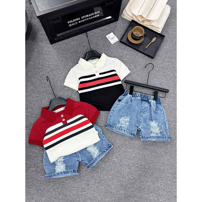 เสื้อผ้าเด็กผู้ชาย Set CS711, CS754 เสื้อคอเต่าลายและกางเกงขาสั้นยีนส์ Set สําหรับเด็กผู้ชาย