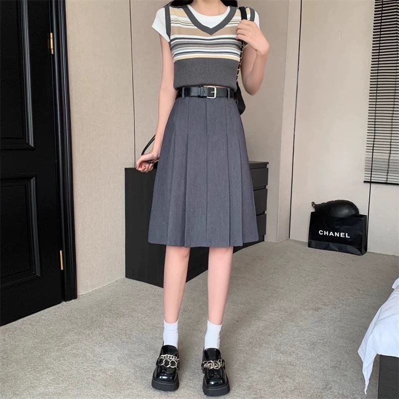 SUSUCLOTHING กระโปรงสํานักงานจีบหลวมมีกระเป๋าและเข็มขัด vitex 4 ถ้วย 60