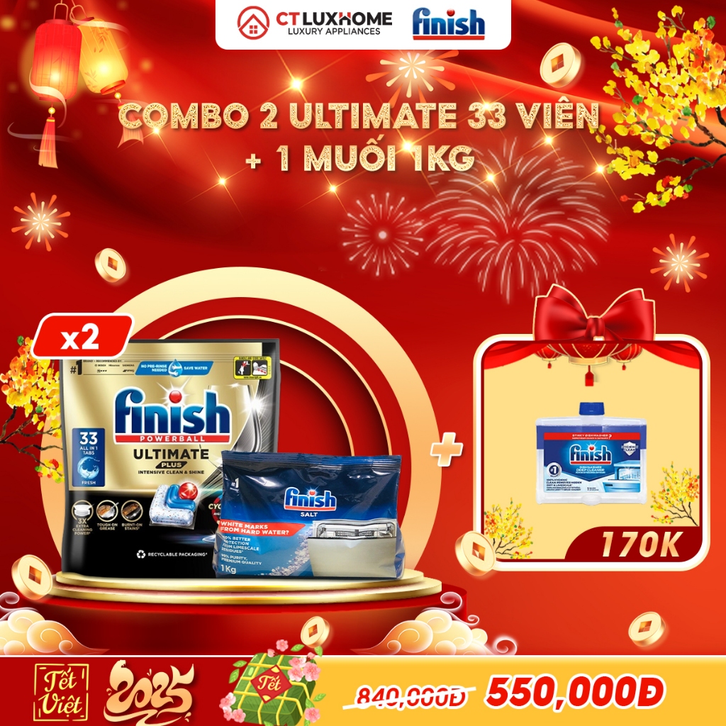 COMBO FINISH 2 ถุงเม็ดล้างจาน Ultimate Plus 33 เม็ด + 1 เกลือ 1 กก.