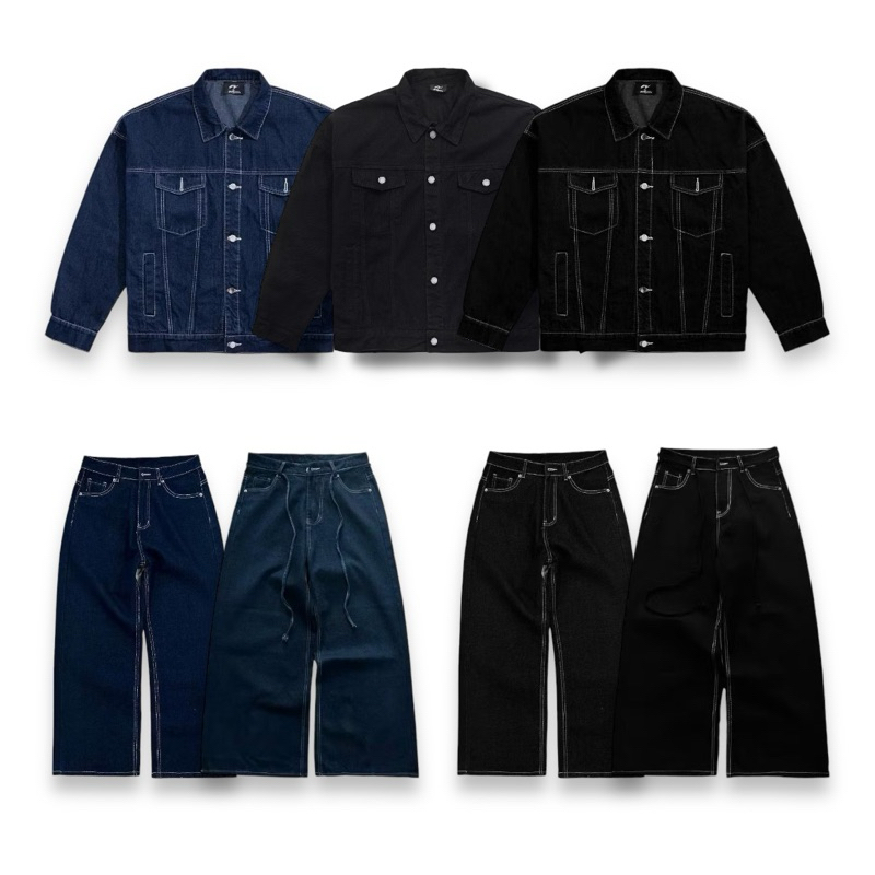 COMBO SET JACKET & BAGGY JEANS - ชุดแจ็คเก็ตยีนส์ & กางเกงยีนส์ขากว้างขากว้างทรง unisex สําหรับผู้ชายและผู้หญิง