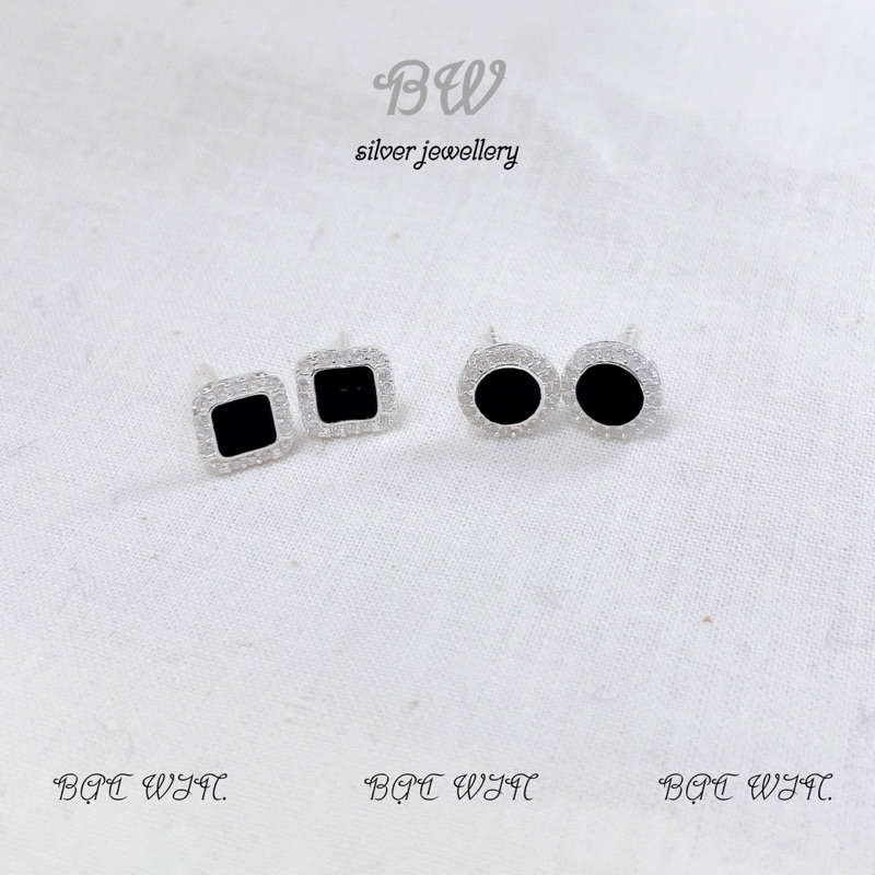 (WIN SILVER) BW59 ต่างหูเงินคุณภาพสูงหรูหราพร้อมหินกลมและสี่เหลี่ยม