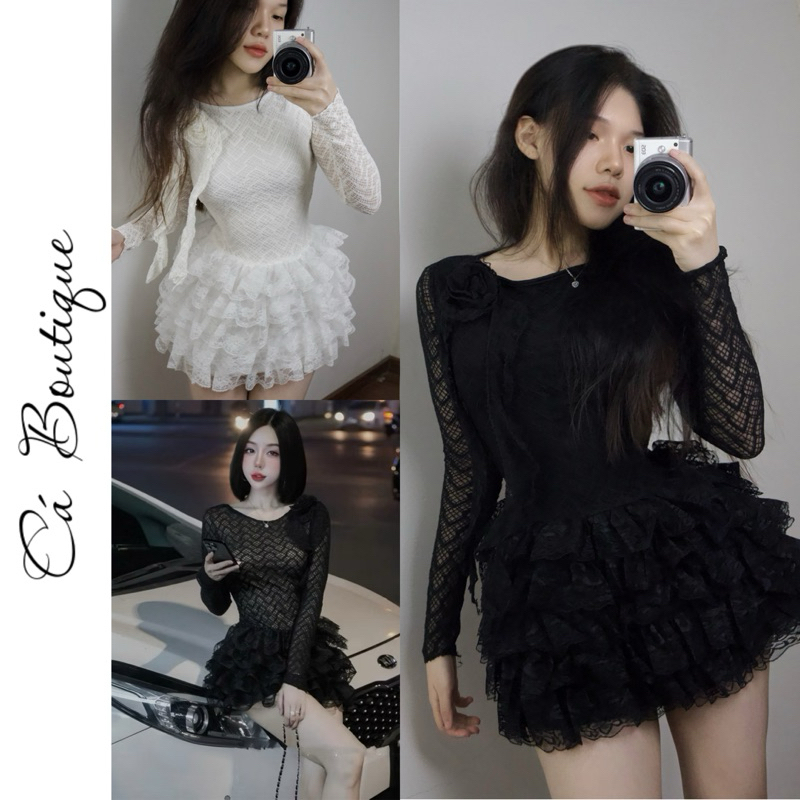 เดรสลูกไม้คุณภาพสูง 2 สี ขาวดํา เดรสลูกไม้ลายดอกชื่นชอบระบาย ขาบานลูกไม้สวยมาก