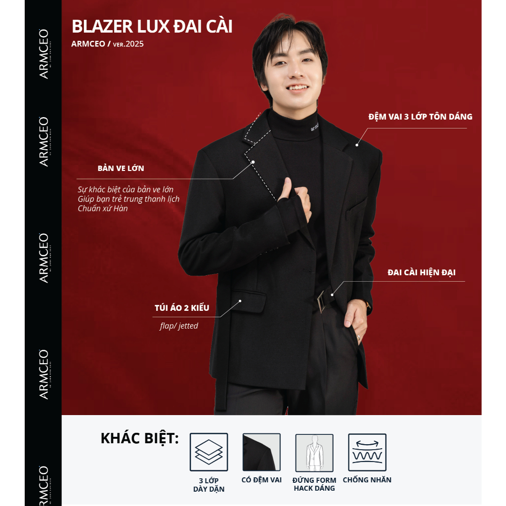 ARMCEO LUX เบลเซอร์ผู้ชายระดับไฮเอนด์พร้อมเข็มขัด แผ่นรองไหล่ ทรงมาตรฐานเกาหลี -ARK01