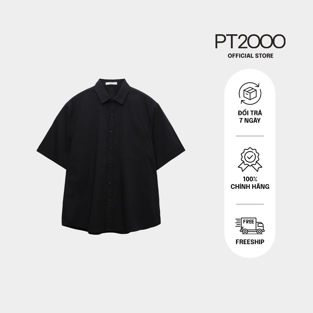 เสื้อเชิ้ตสีดําแขนสั้น PT2000 ผ้าคอตตอนเท่ๆ ทรงหลวมอ่อนเยาว์ (SMM-M95)