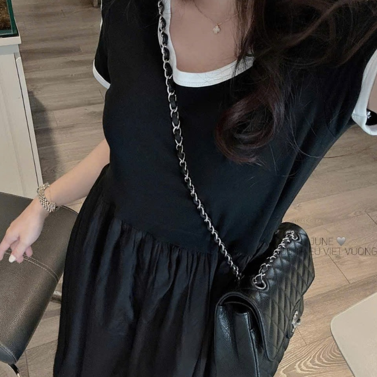 เดรสเสื้อยืด - เดรสบานคอกลมแขนสั้นและแขนยาวสีดําผ้าฝ้ายและชายเชื่อมขั้นพื้นฐานสําหรับสตรีทแวร์ - รูปที่ 4