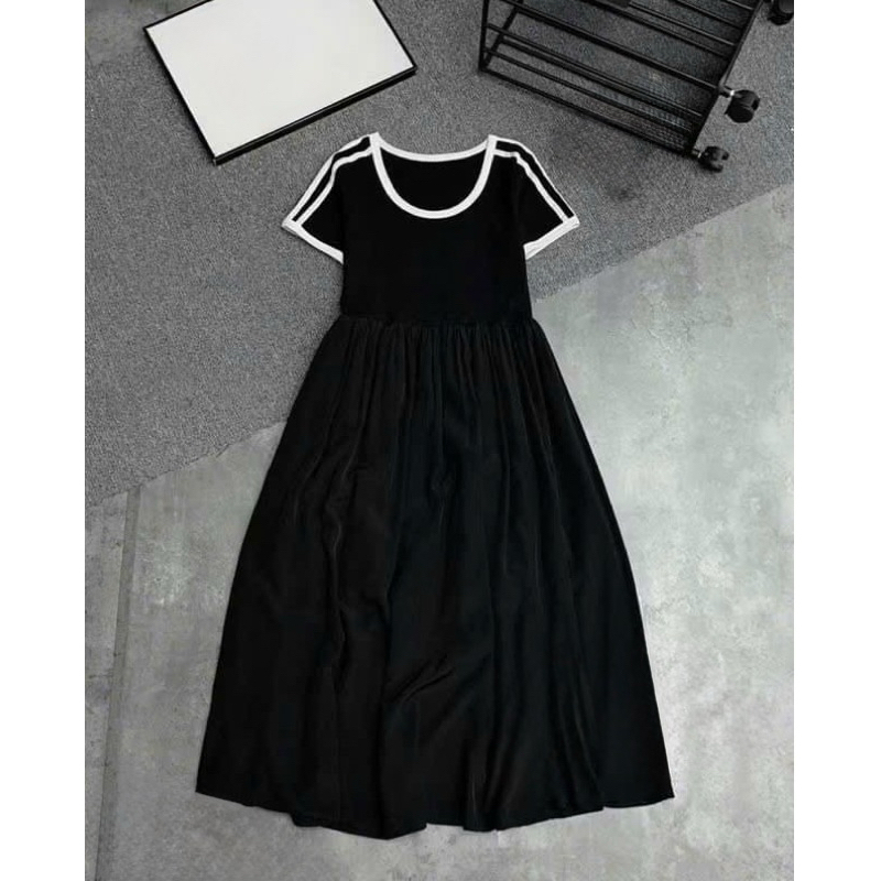 เดรสเสื้อยืด - เดรสบานคอกลมแขนสั้นและแขนยาวสีดําผ้าฝ้ายและชายเชื่อมขั้นพื้นฐานสําหรับสตรีทแวร์ - รูปที่ 6