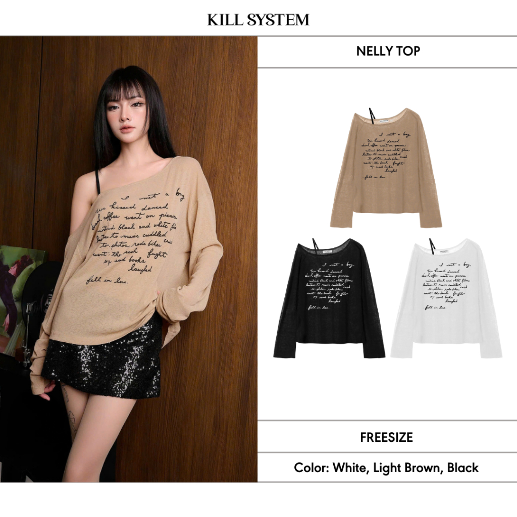 Kill SYSTEM - NELLY เสื้อปาดไหล่ซีทรูพิมพ์ลายตัวอักษร