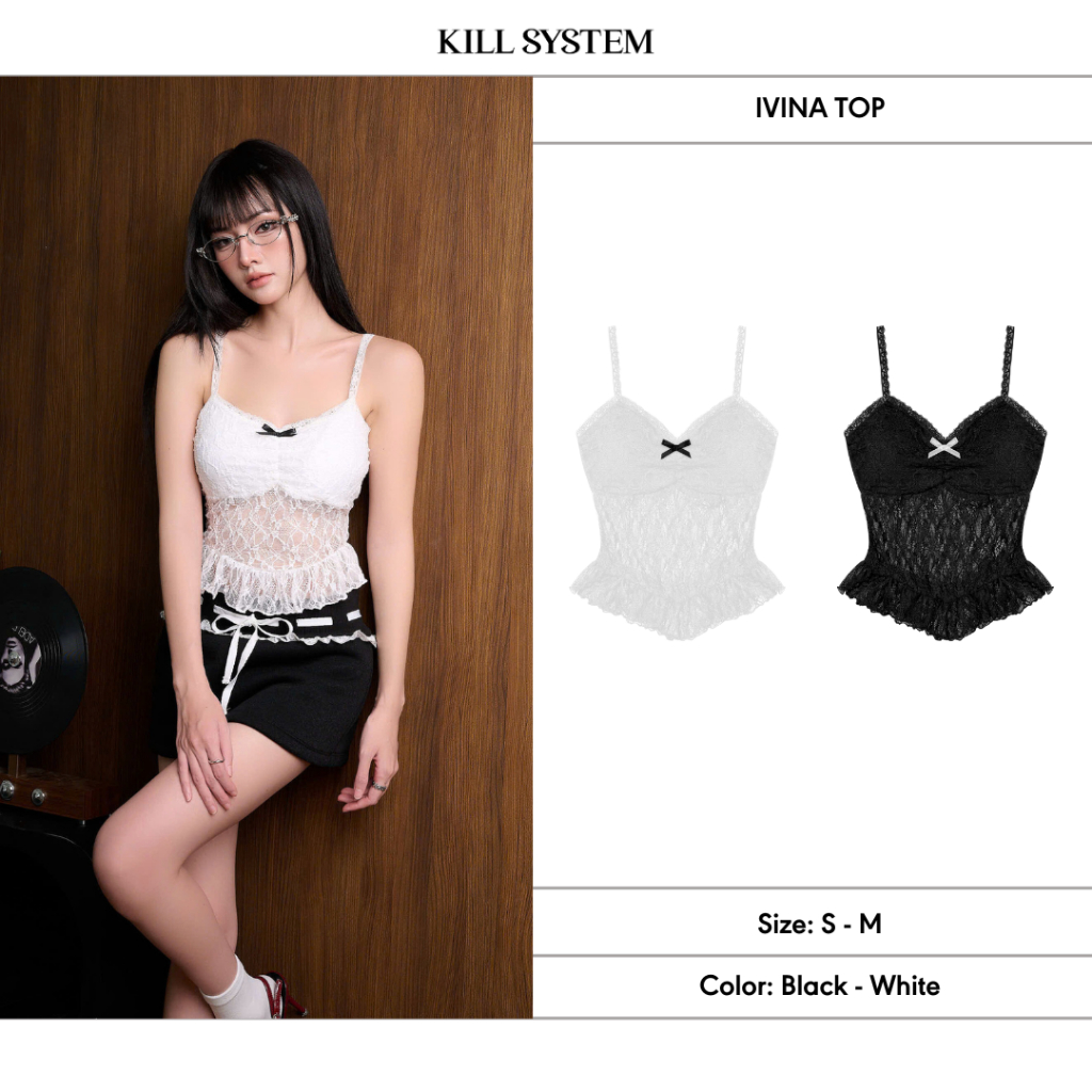 Kill SYSTEM - IVINA เสื้อเชิ้ต 2 ชิ้น ลูกไม้ซีทรูและโบว์เข้ารูป