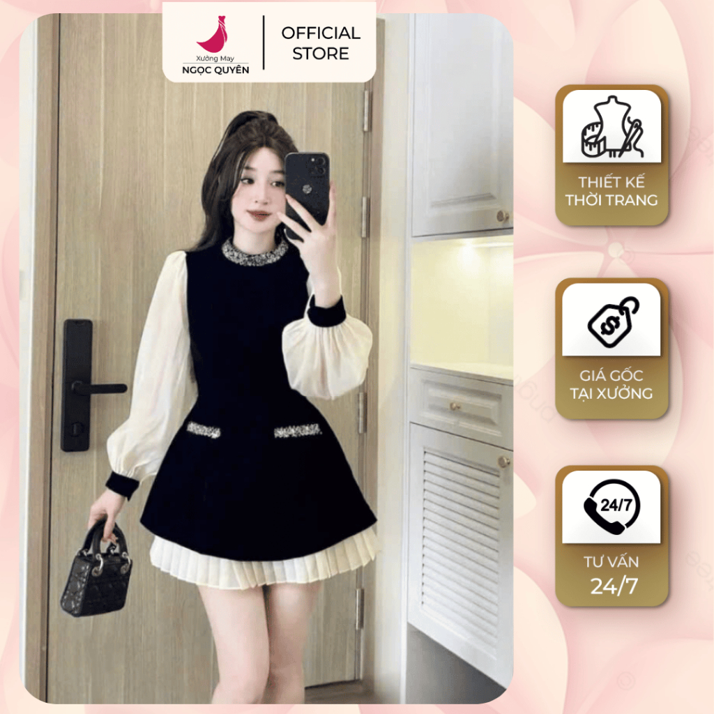 เดรสกํามะหยี่แขนผ้าไหมและดีไซน์กระโปรงจีบหรูหรา N181 | NGOC โรงงาน GARMENT