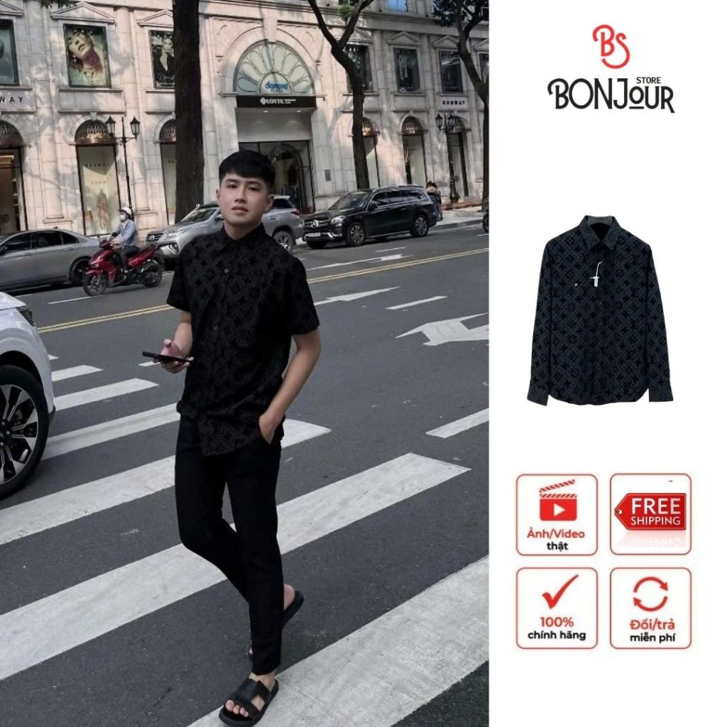 เสื้อเชิ้ตผู้ชาย LV พร้อมโลโก้กํามะหยี่ลายนูนคุณภาพสูง - เสื้อเชิ้ตผู้ชายและผู้หญิง LV คุณภาพสูง BEA