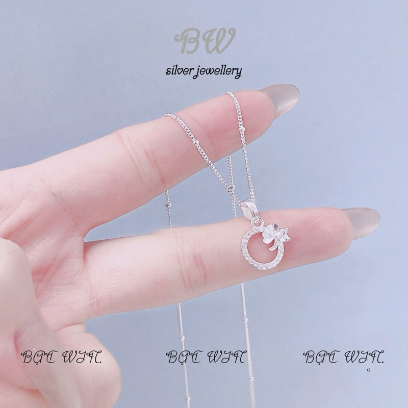 (WIN silver) BW96 สร้อยคอเงินคุณภาพสูงหน้ากลมและดอกไม้น่ารักประดับหิน