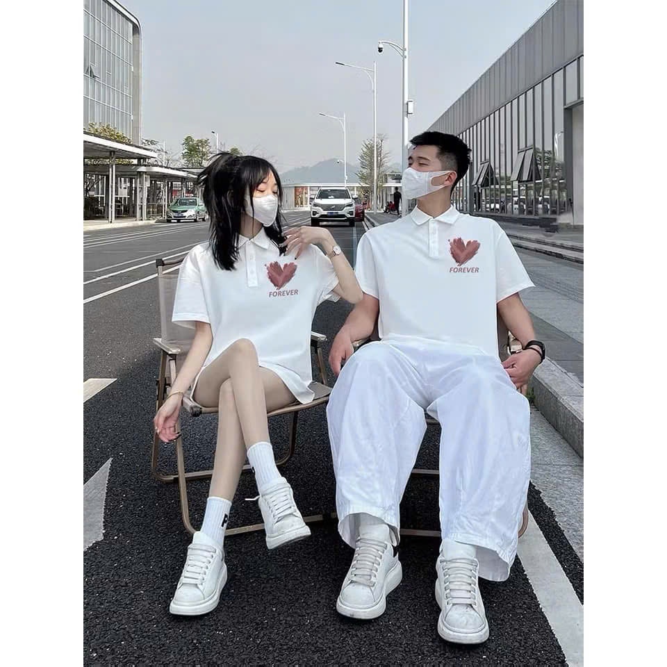 เสื้อยืดโปโลสําหรับผู้ชายและผู้หญิง Unisex หลวมรูปแบบคอปก THE COUPLES คู่คนรัก TCP32 PINK HEART FORE