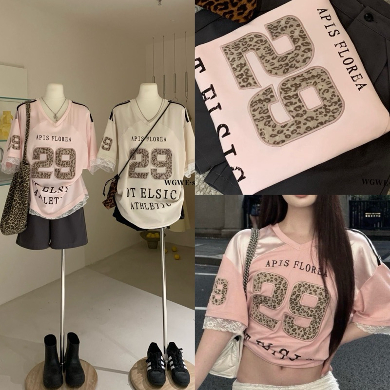 /wgwe.studio - WGWE/ เสื้อยืดแขนสั้น No. 29 คอวีกว้าง ลูกไม้ QC คุณภาพสูง 2996