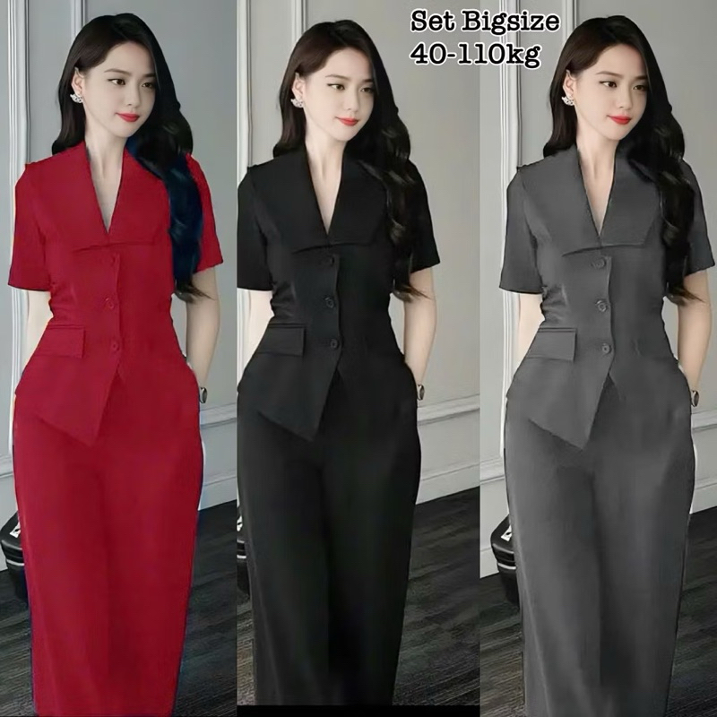 ชุดยาวแขนสั้นขนาดใหญ่เสื้อกั๊กคอกางเกงขาตรงไทยข้ามผ้าไหมพรรคออกแบบสวยคุณภาพสูงผู้หญิง50-95กิโลกรัม 2304