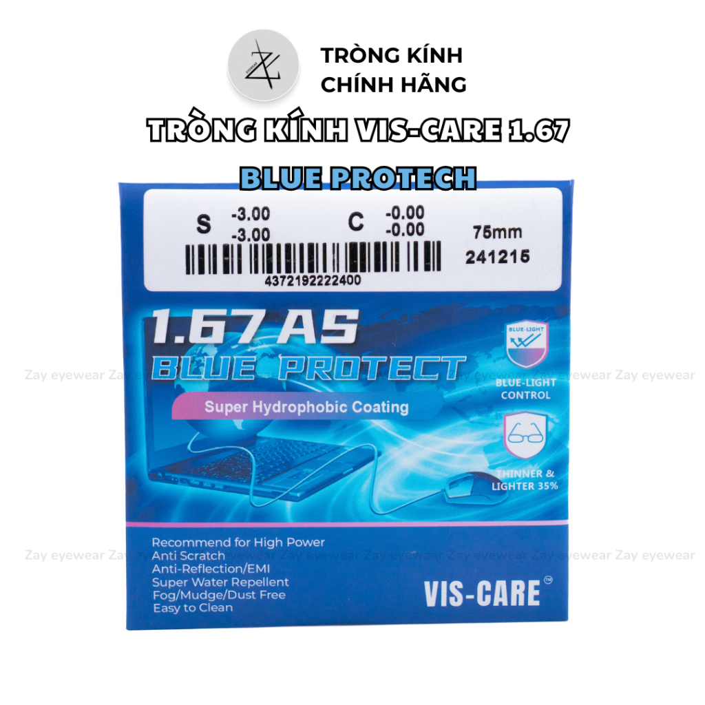 Vis Care Singapore 1.67 AS Blue ป้องกันเลนส์บางเฉียบพร้อมฟิลเตอร์ป้องกันแสงสีฟ้า UV400
