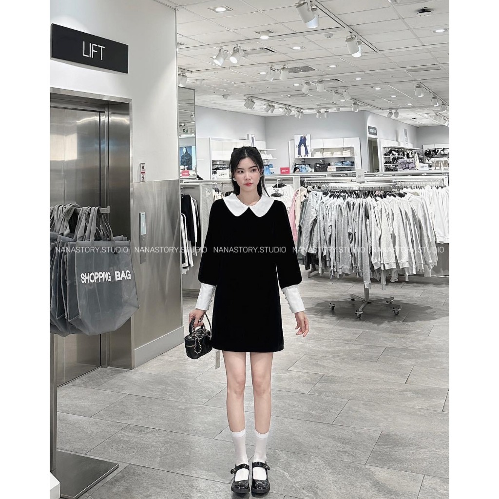 Seoul.studio - babydoll เดรสสั้นกํามะหยี่สีดําปกบัวและแขนทรงเอสีขาว ulzzang คุณนายเกาหลี 2 ชั้น