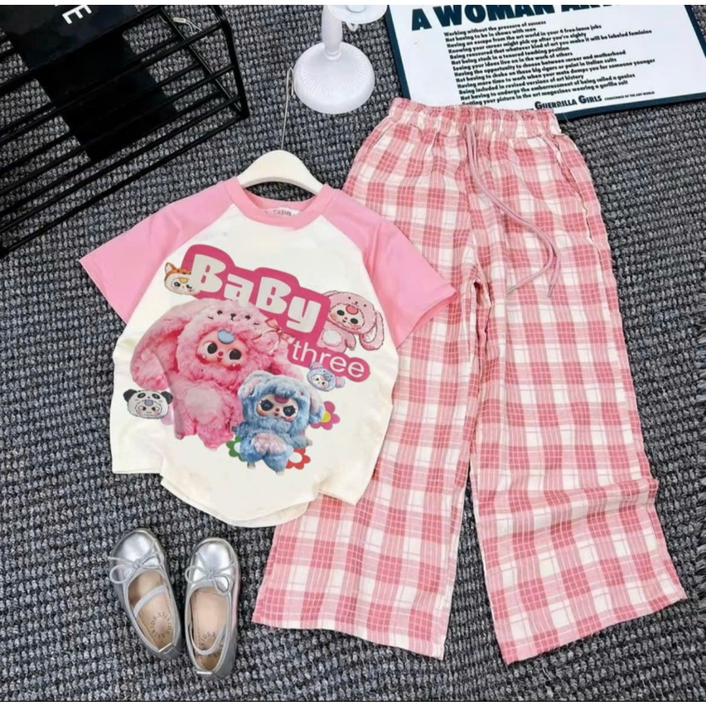BABY THREE T-SHIRT SET WITH PLAID DOWN PANTS FOR GIRLS 13-44KG.( CT02 )