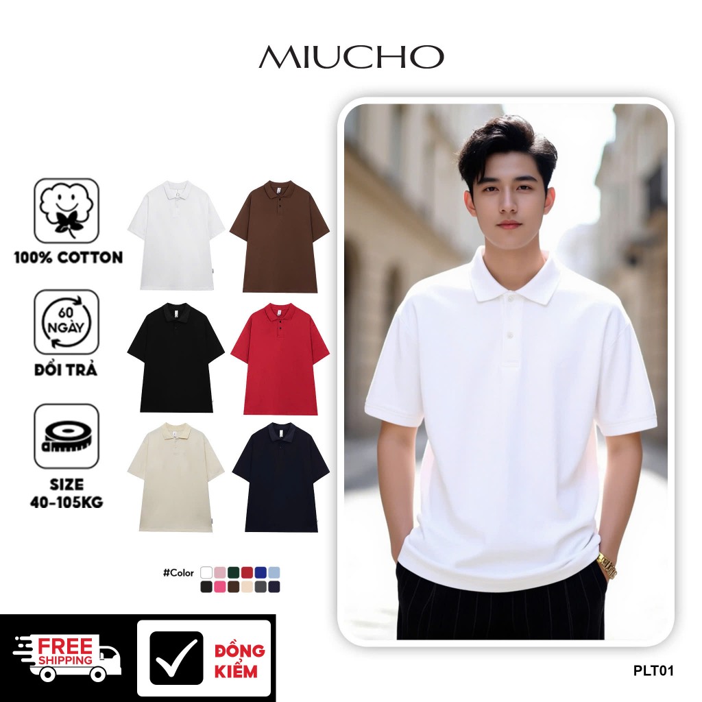 เสื้อโปโลผู้ชายทรงหลวมทุกขนาดคอปกคอเต่าทําจากผ้าฝ้ายพื้นฐาน MPT01 Miucho