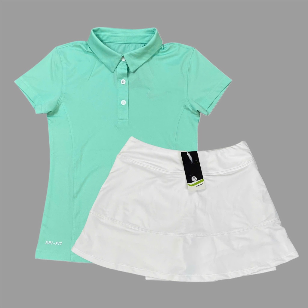 Nk Tennis, Pickleball, กระโปรงกอล์ฟ + เสื้อยืดคอปกแขนสั้นผ้า Kim Spandex ของแท้ - BVN10