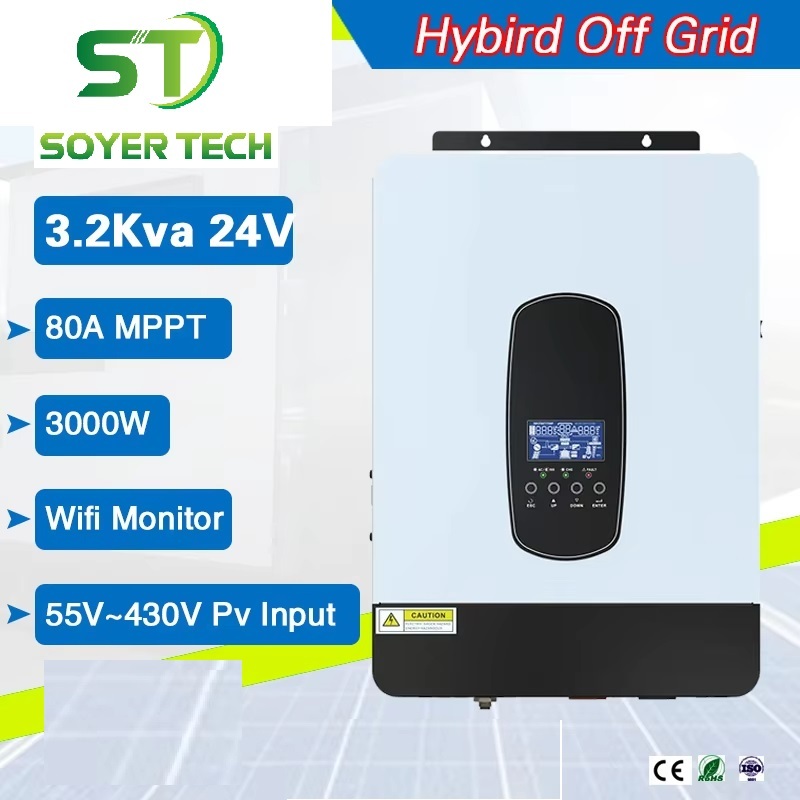 อินเวอร์เตอร์คลื่นไซน์มาตรฐาน SP-3200VA-3000W 24V คลื่นไซน์บริสุทธิ์ในตัวสูงสุด 80A MPPT อินเวอร์เตอ