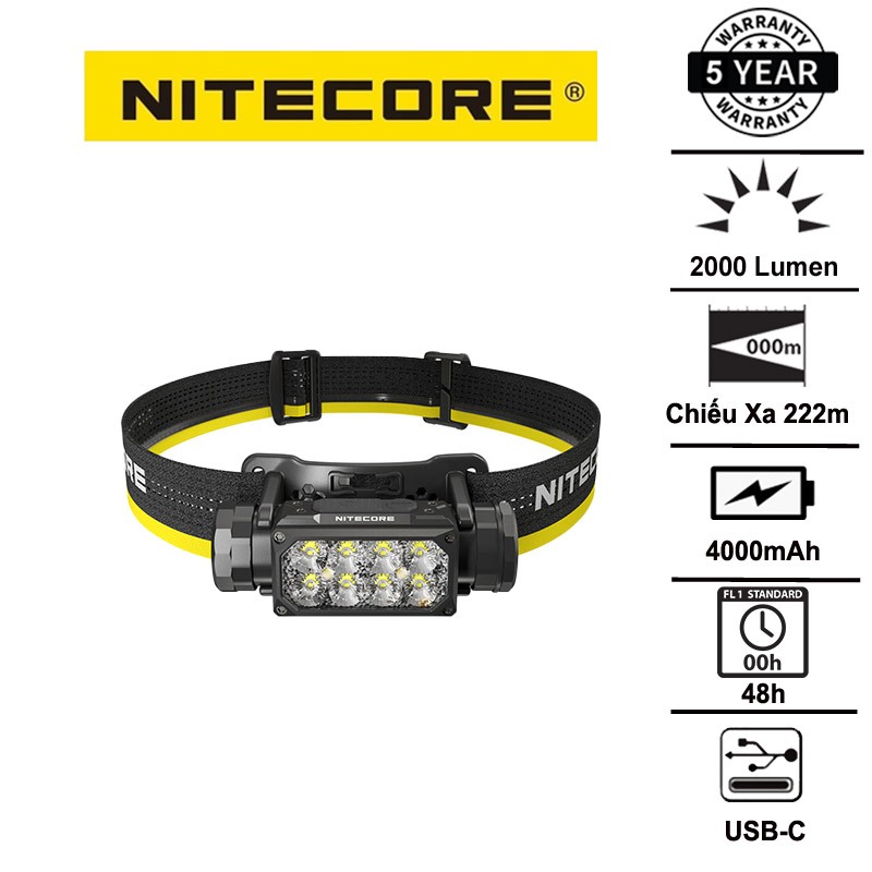 Đèn pin đội đầu Nitecore HC65 UHE 2000 lumen pin 18650 sạc USB-C chiếu xa 222m