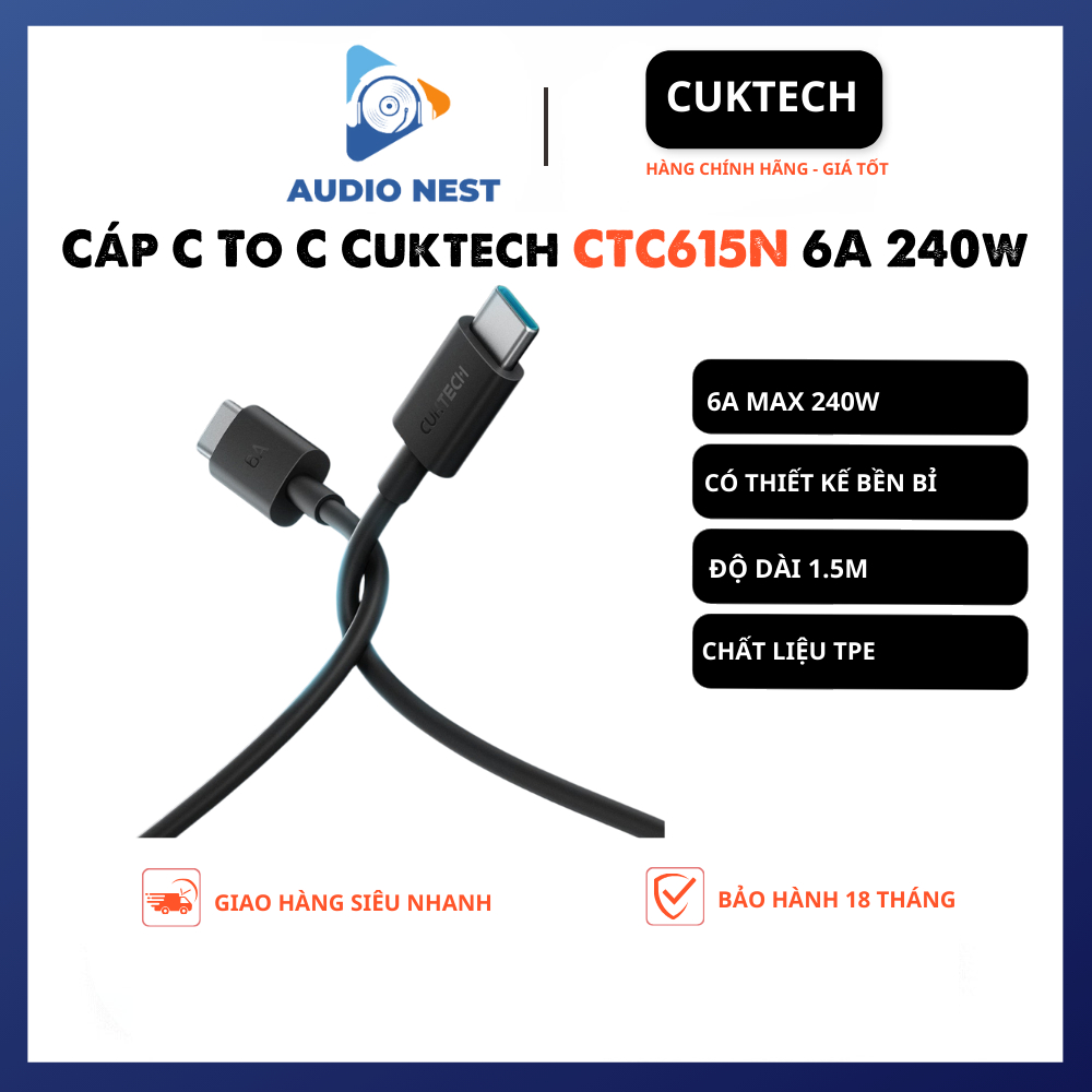 สาย Cuktech (CTC615N) 1.5M C To C 6A 240w รองรับ Mi Turbro - 18 เดือน