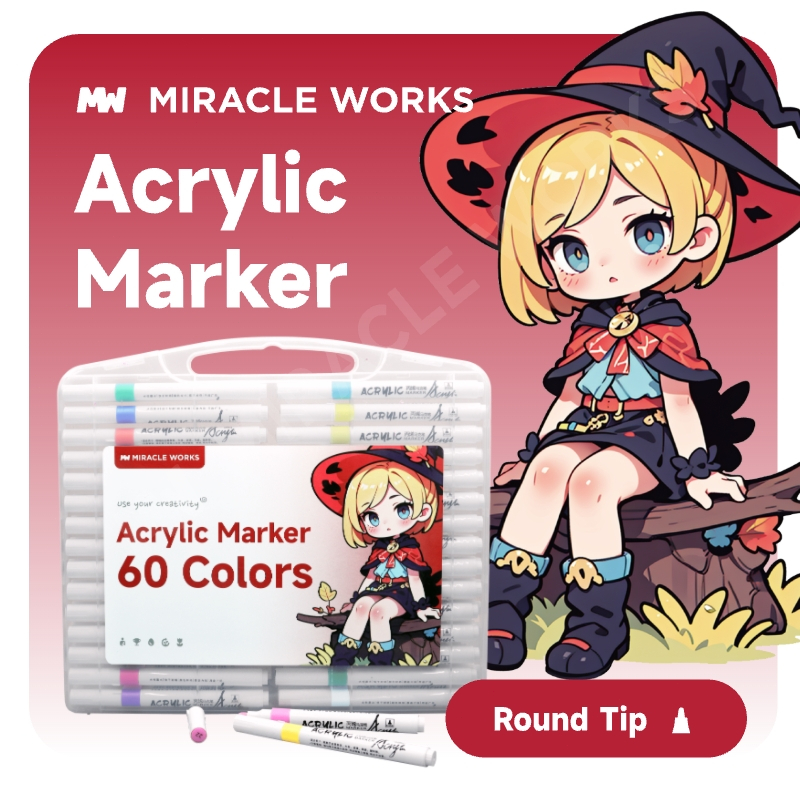Miracle Works ปากกามาร์กเกอร์อะคริลิค 12/24/36/48/60 สี (หมึกเพิ่มเติม 90%) หัวปากกาพร้อมตัวเลข ระบา